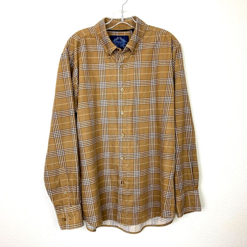 BRUNO NEW YORK Men's Button Up Corduroy Shirt Size L Light Brown Plaid Outdoors